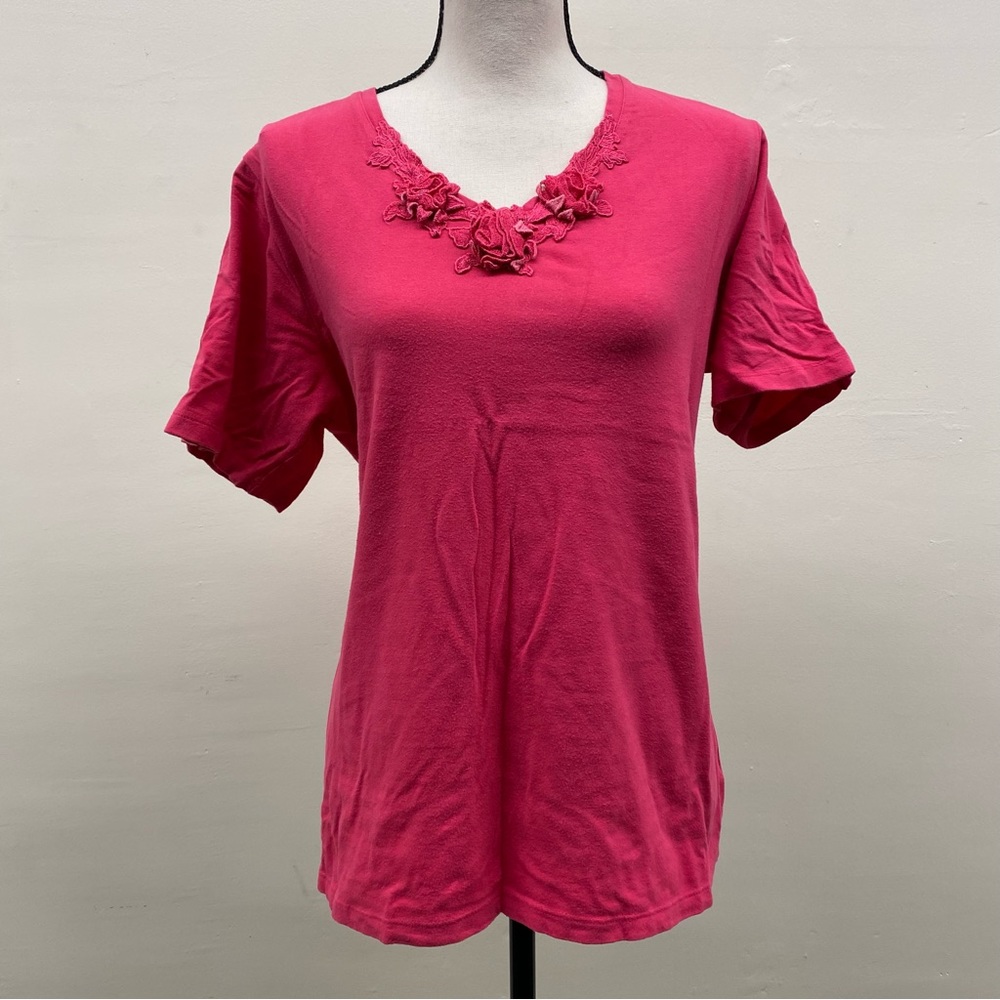 Susan Graver Pink Floral Detail Short Sleeve Top